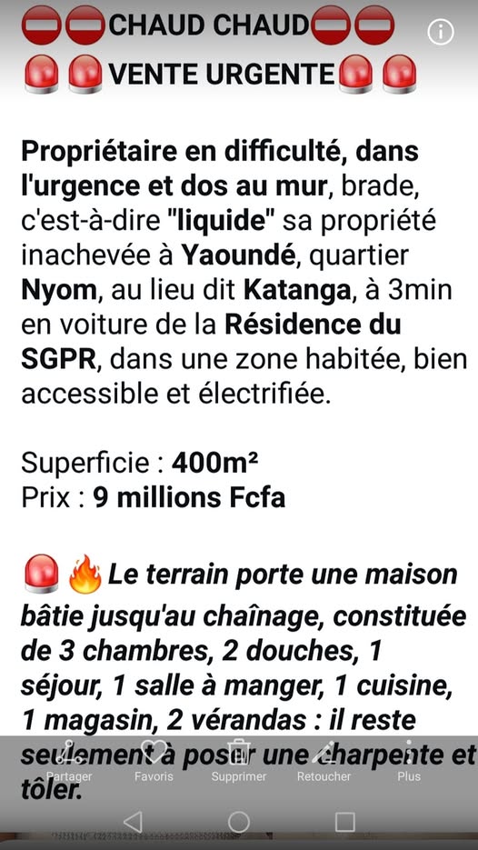 Vente urgente propriété inachevée à Yaoundé