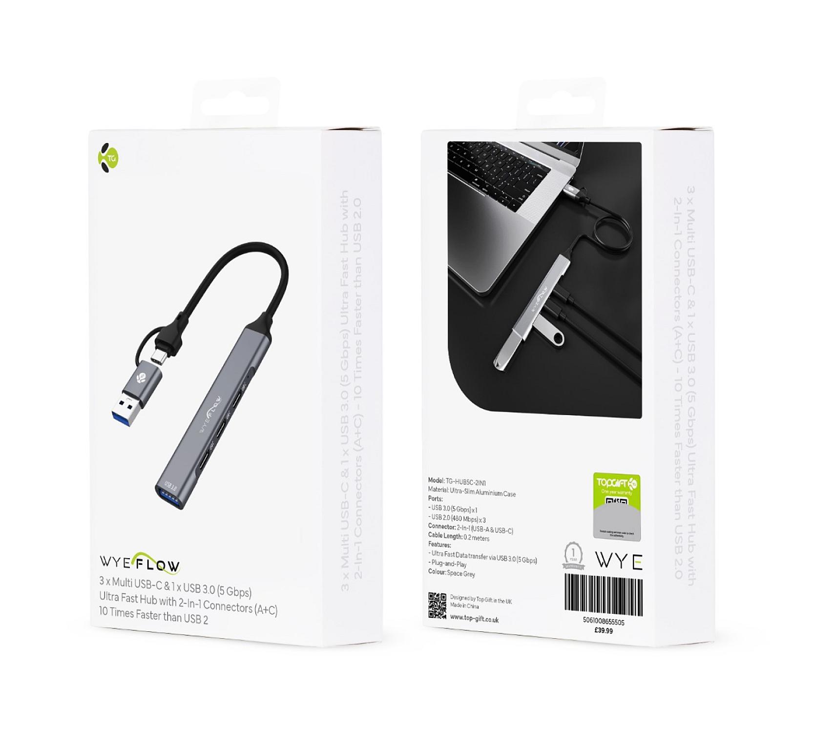 WYEFLOW 3 x Multi USB-C & 1 x USB 3.0 (5 Gbps) Ultra Fast Hub with 2-In-1 Connectors (A+C)  10 Times Faster than USB 2.0 view 3