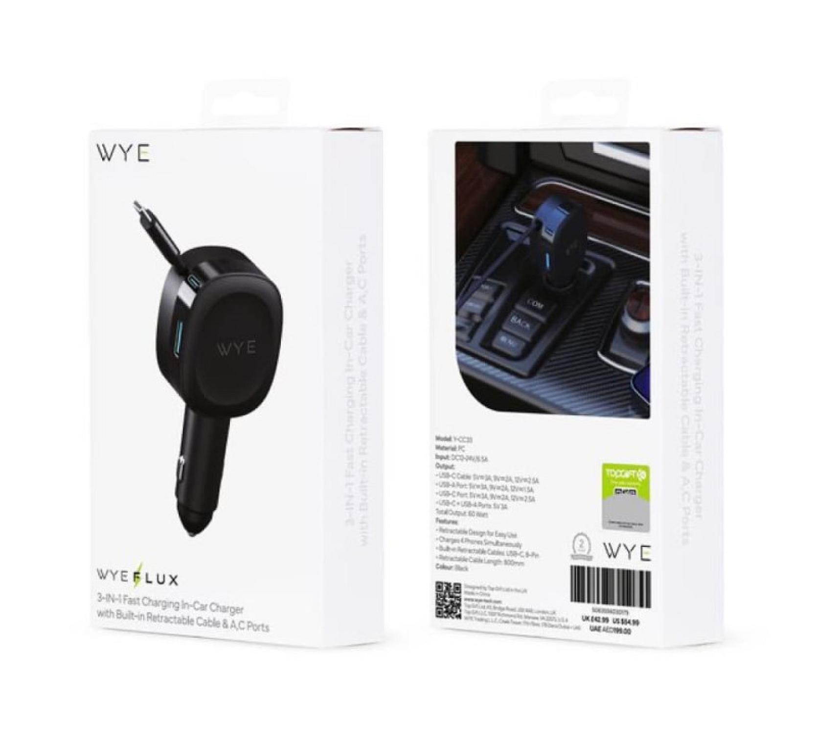 3-IN-1 Fast Charging In-Car Charger with Built-in Retractable Cable & USB A, USB C ports view 4