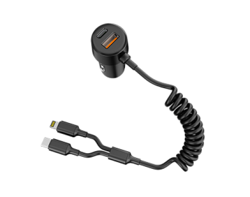 60W Dual-Port In-Car Charger With USEB-C & 8-Pin Built-in Cables