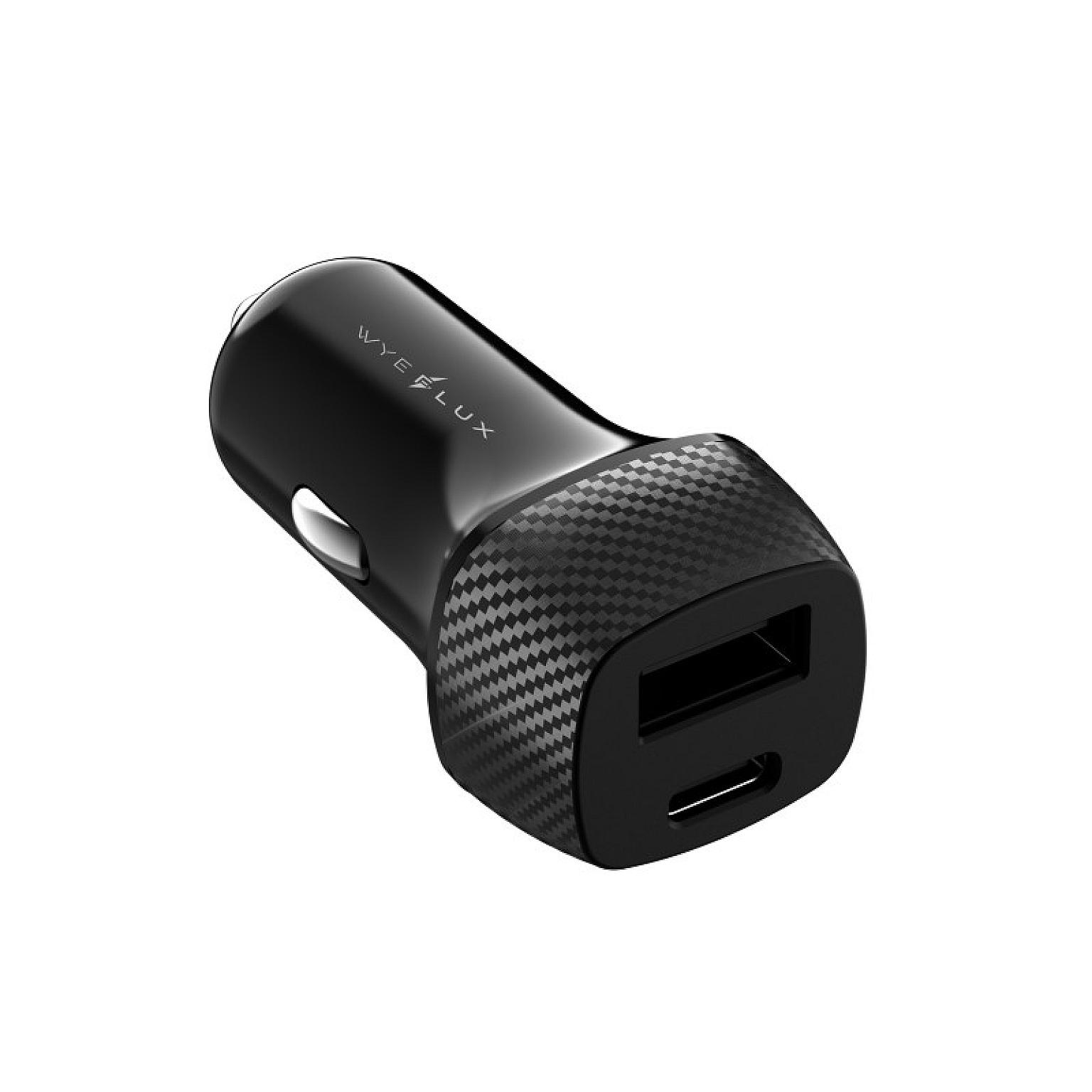 30W Fiber Carbon Design In-Car Charger with USB-A and USB-C Ports view 1