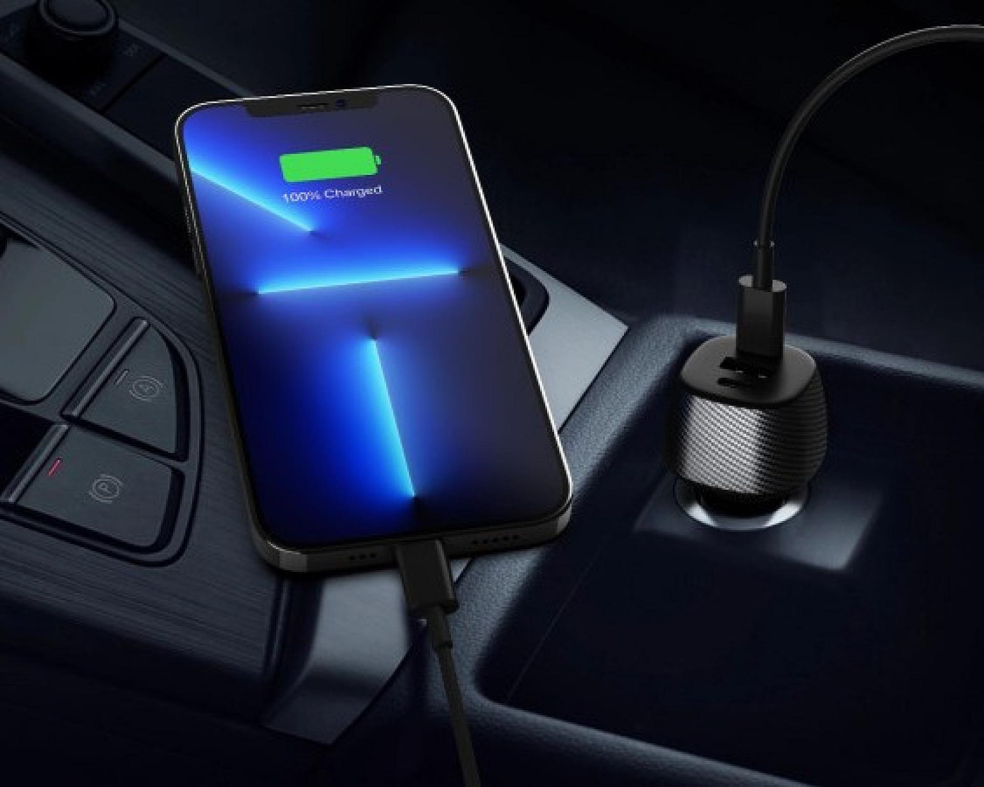 103W Fiber Carbon Design In-Car Charger with USB-A and Dual USB-C Ports view 2