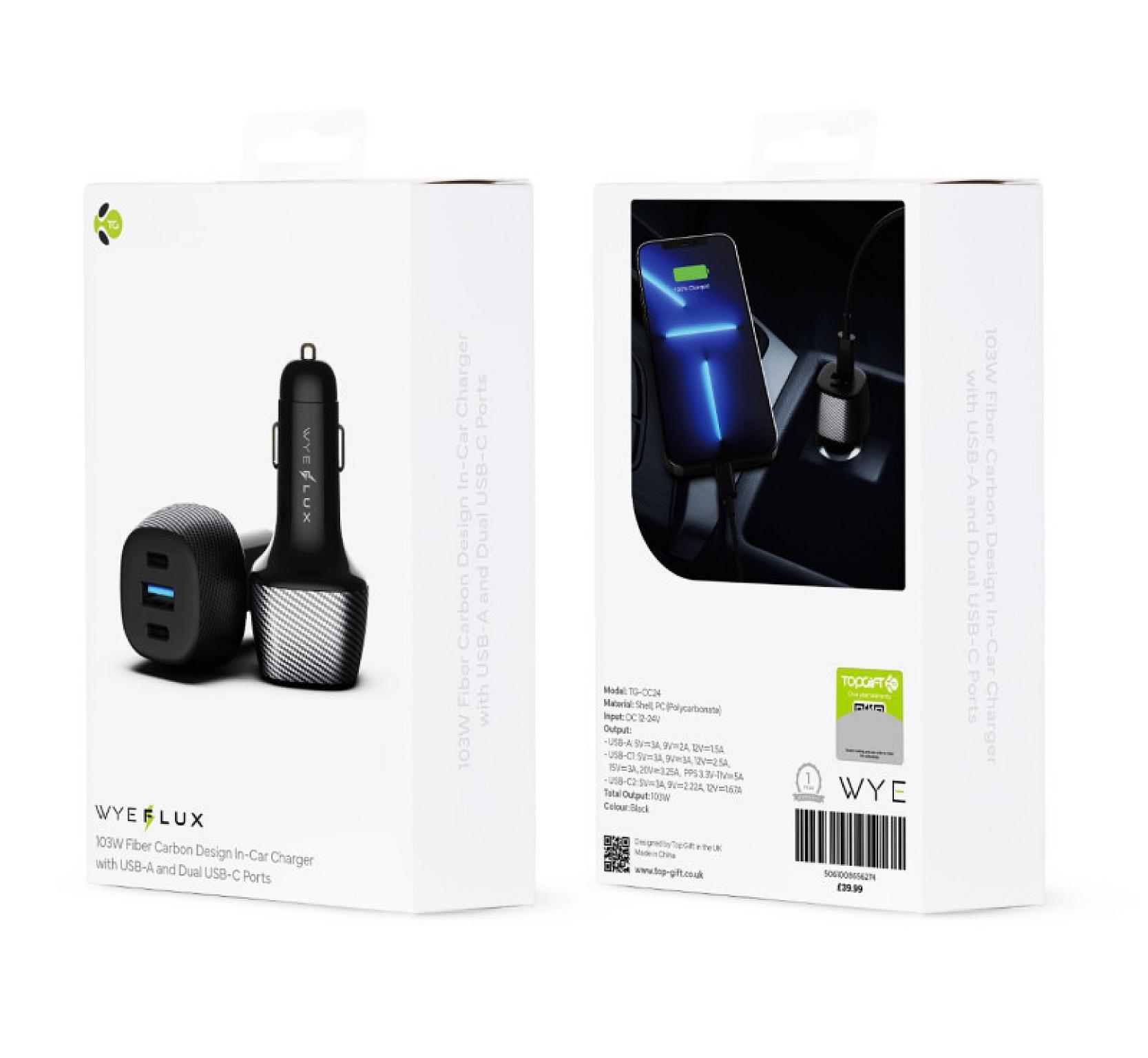 103W Fiber Carbon Design In-Car Charger with USB-A and Dual USB-C Ports view 3