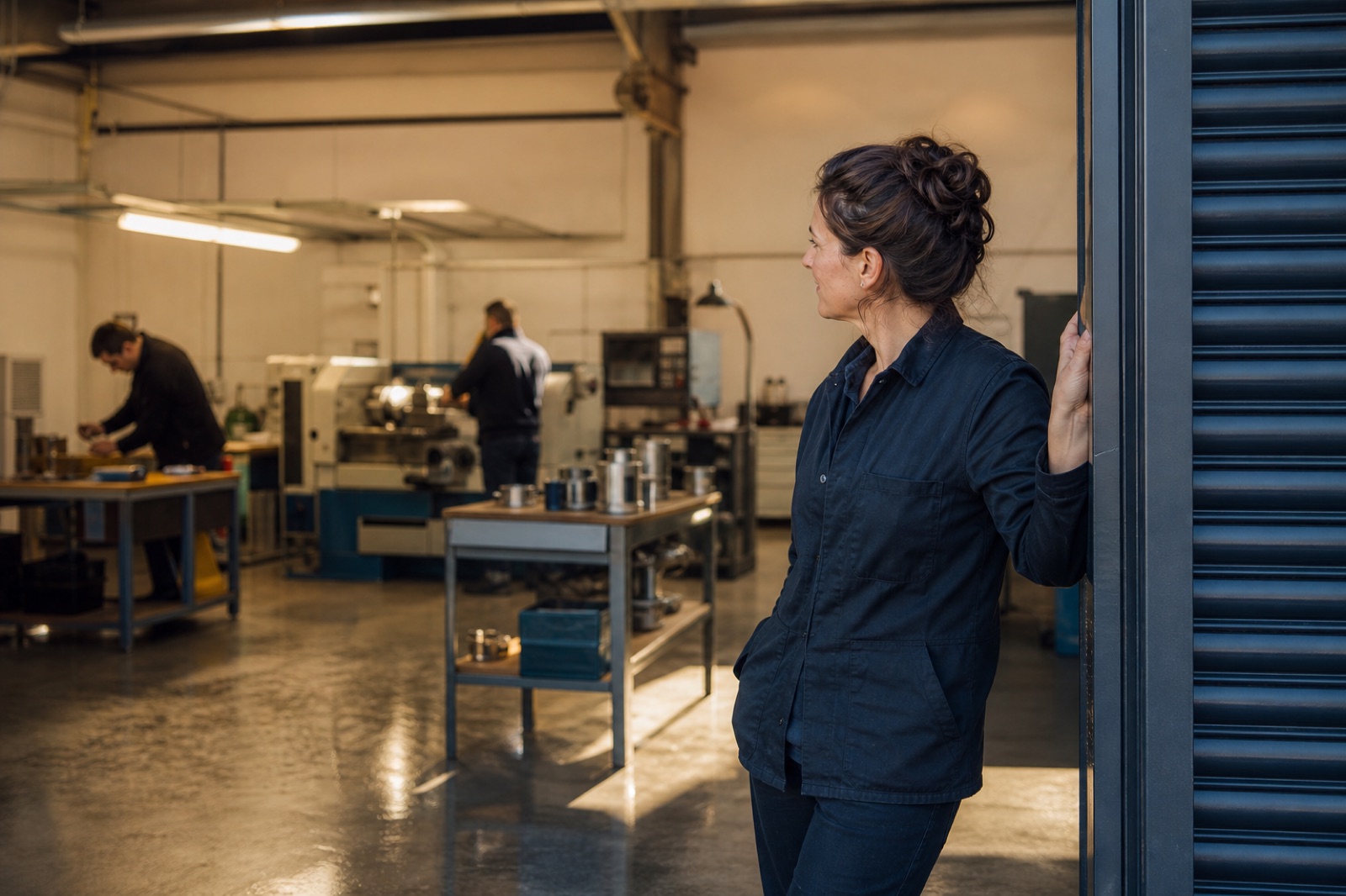 A business owner standing in her workshop beside the roller door