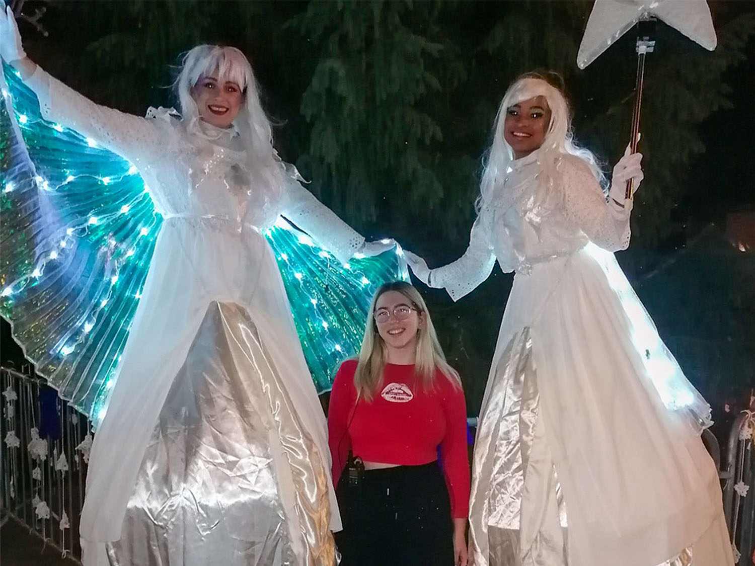 BA (Hons) Event Management student, Sian (pictured) posing for a photo with the Christmas angels (part of the event)