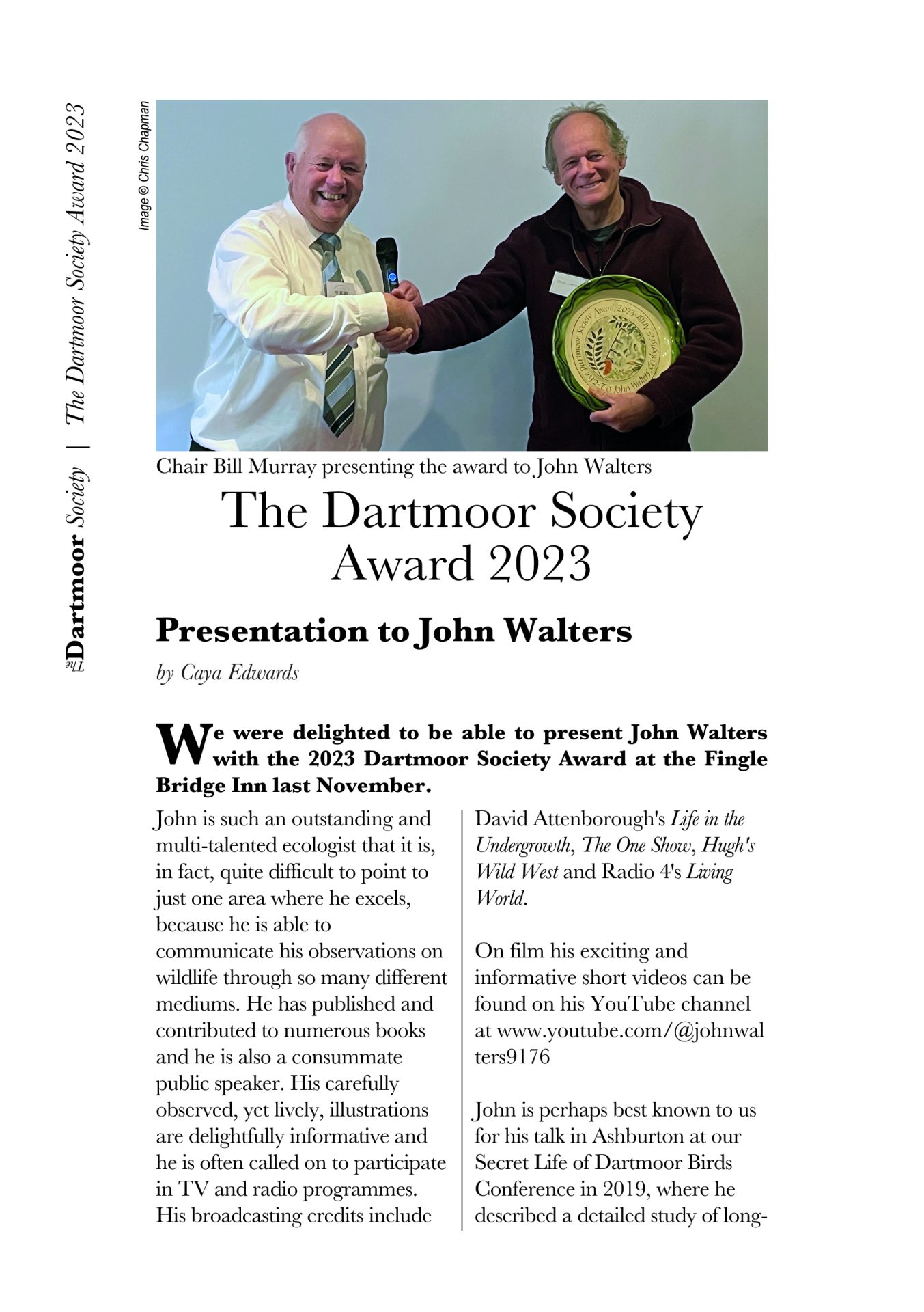 John Walters is presented with The Dartmoor Society award for 2023