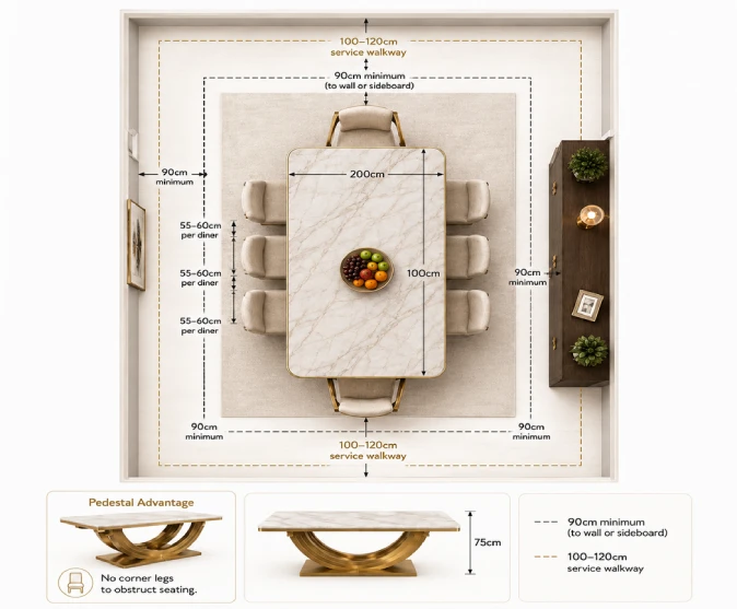 floorplan to demonstrate marble dining for 8 people