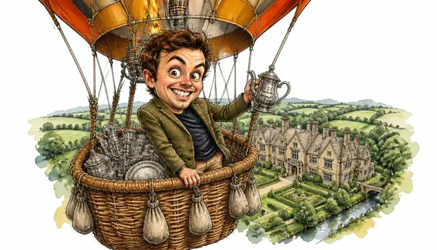 Caricature of Freddie holding up a silver teapot in a hot air balloon with the family silver floating over Lower Loxley