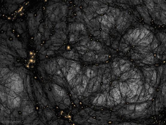 The picture shows a computer simulation of the matter distribution in our universe with dark matter shown in a dark color on a light background.