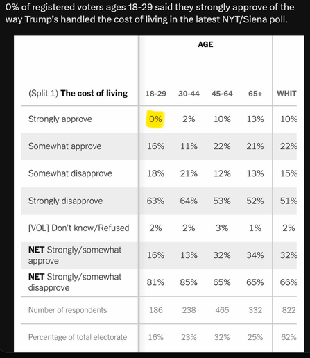 0% of registered voters ages 18-29 said they strongly approve of the
way Trump's handled the cost of living in the latest NYT/Siena poll.
