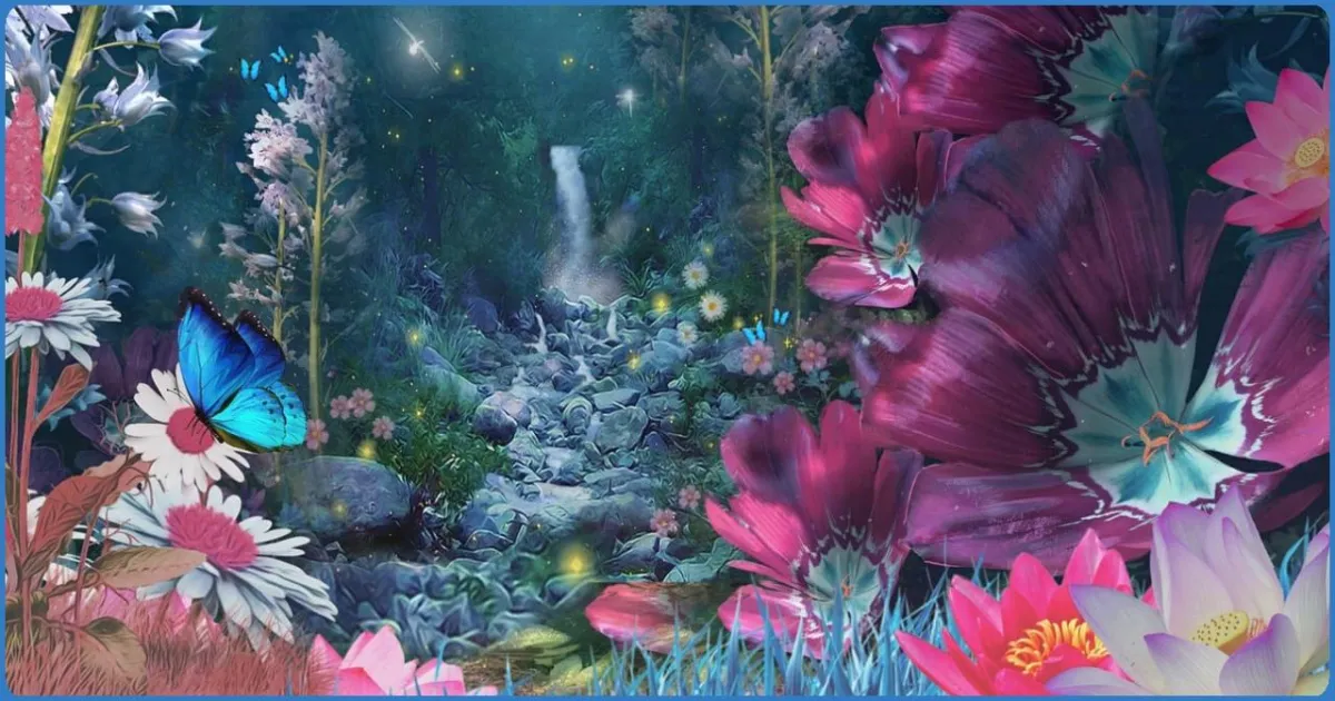 Fantasy forest with flowers and a blue butterfly