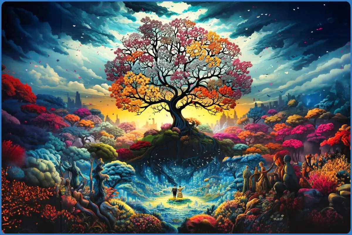 Colorful fantasy landscape with a large tree.