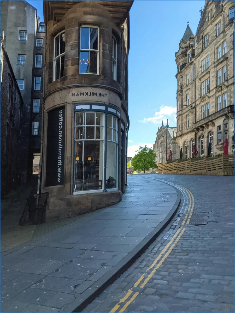 Curved street with historic buildings