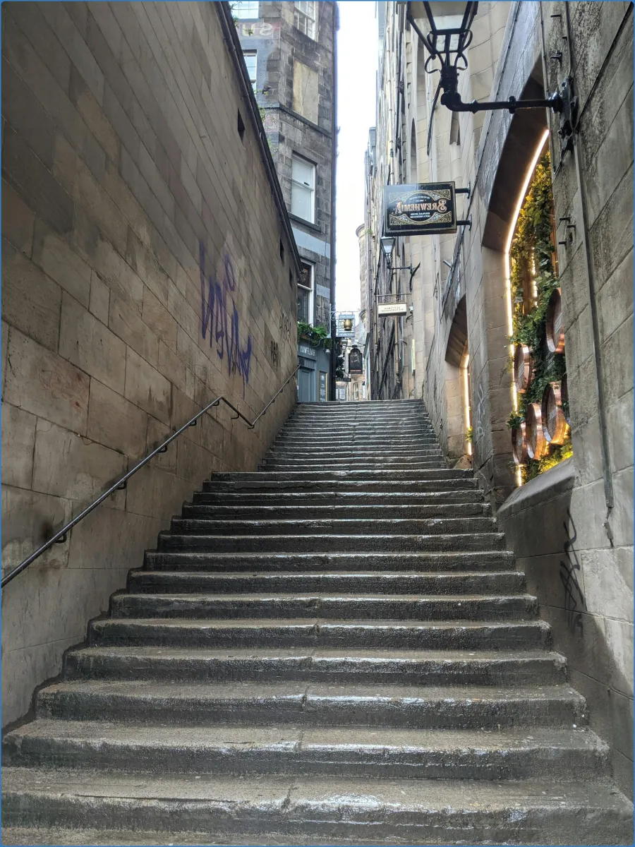 Stone staircase between tall buildings