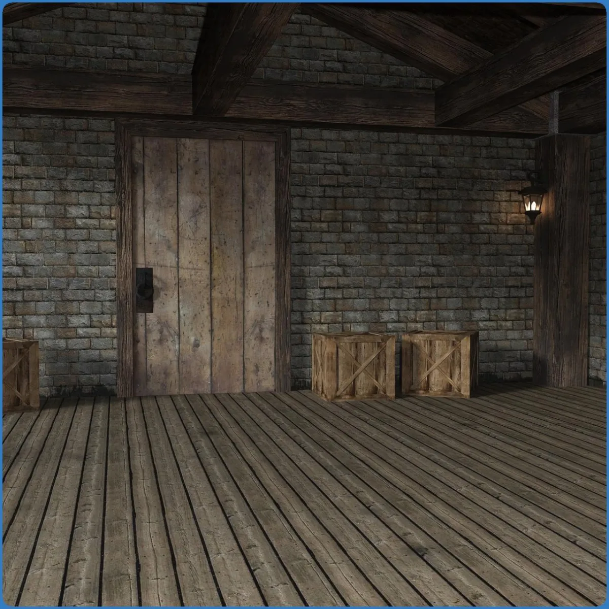Wooden door and crates in a rustic room