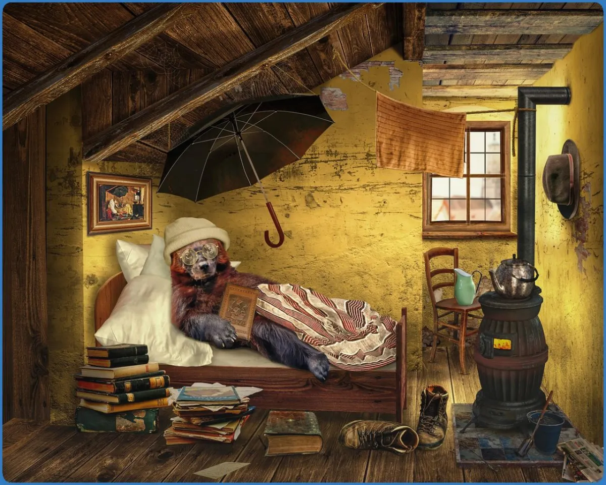 Bear in bed reading in a rustic attic room.
