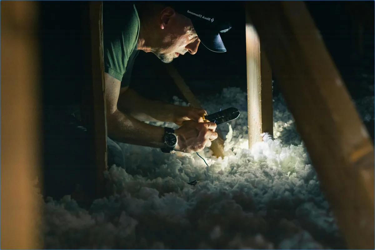 Person working in a dimly lit attic with insulation.