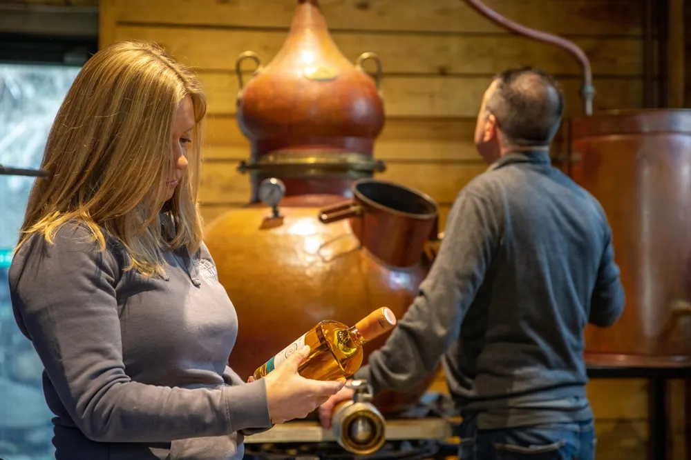 Two people in a distillery with copper equipment.