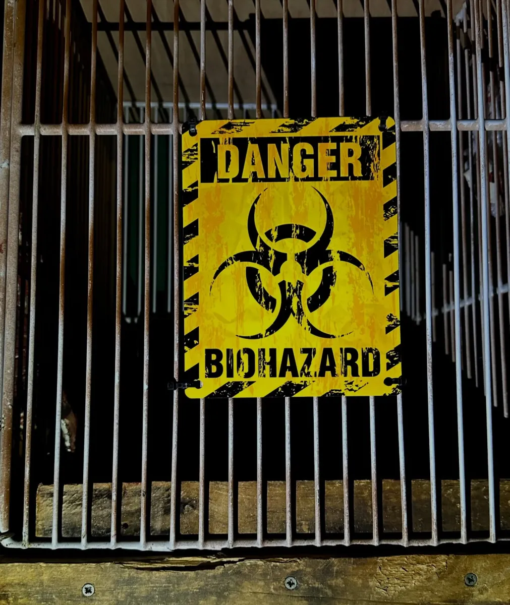 Biohazard warning sign on metal bars