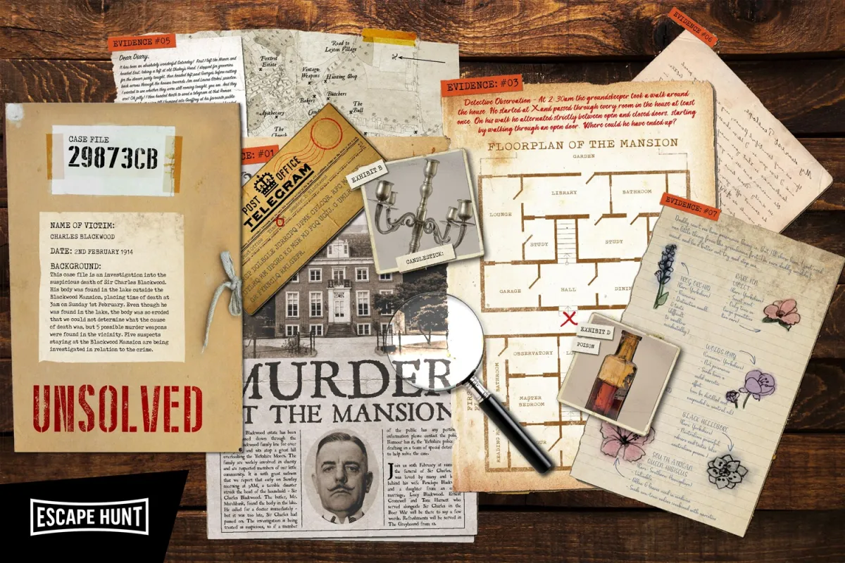 Collection of detective clues and documents for a murder mystery.