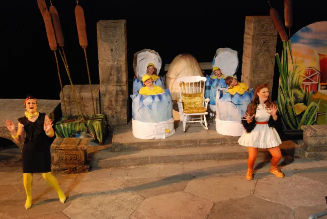 Theater performance with actors in bird costumes.