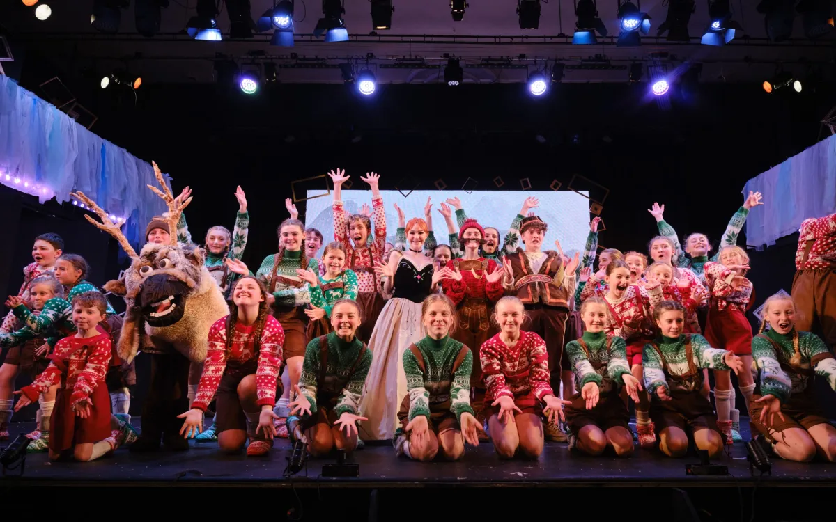 Group of performers in colorful costumes on stage.
