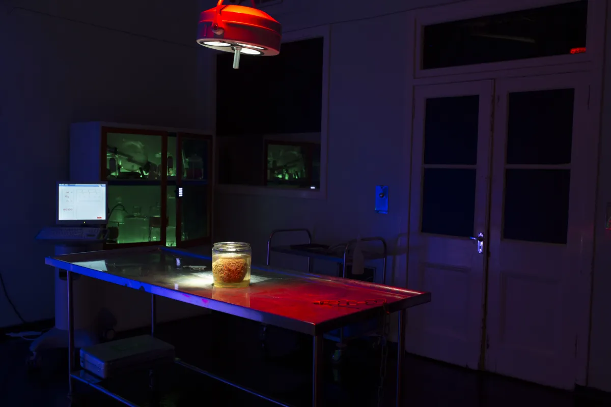 Dimly lit laboratory with jar on table