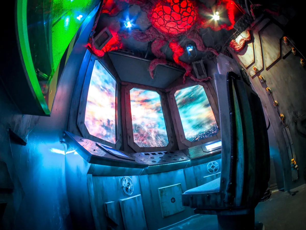 Futuristic spaceship cockpit with glowing controls