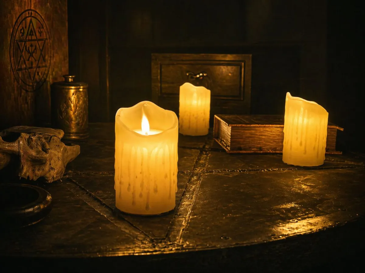 Lit candles on a dark wooden table.