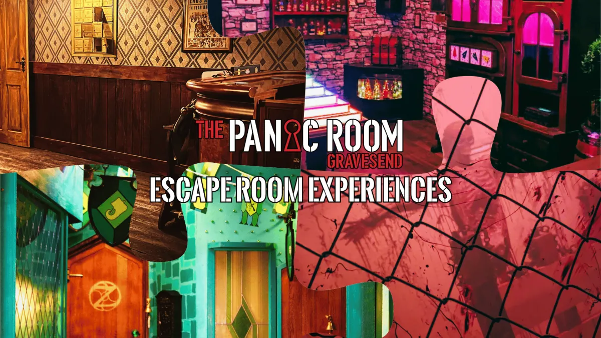 Collage of escape room interiors with text 'The Panic Room Gravesend'.