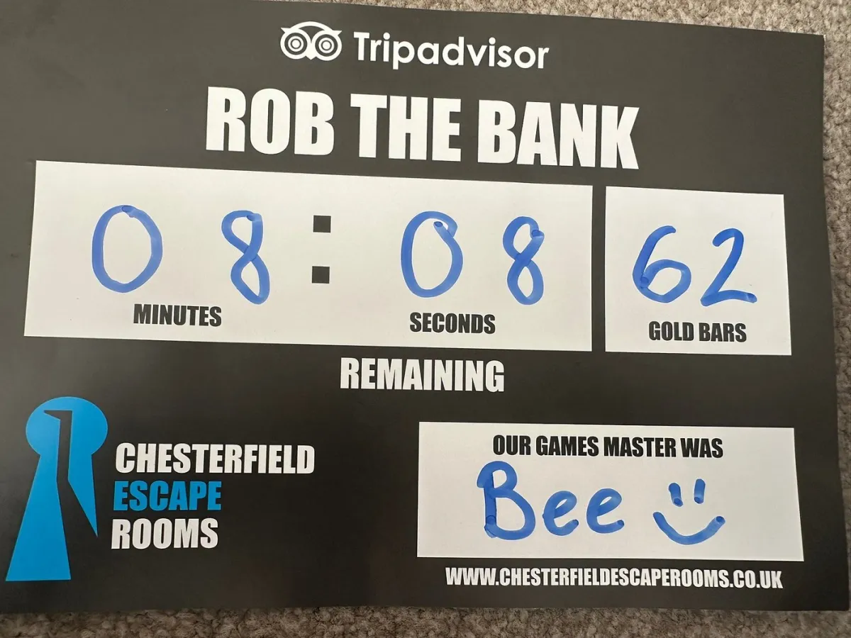 Escape room scorecard showing time and gold bars collected.