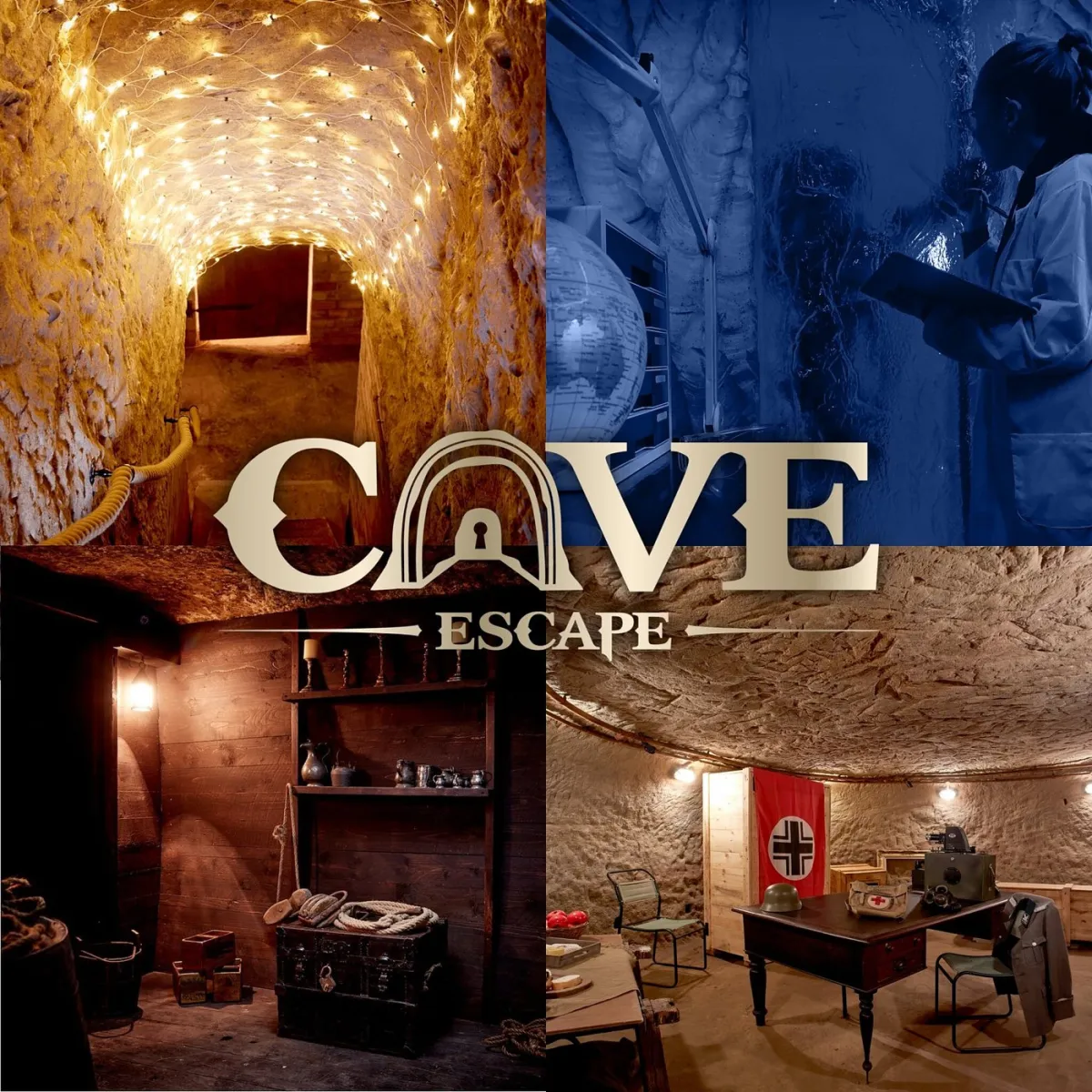 Collage of cave escape room scenes with lights and props.