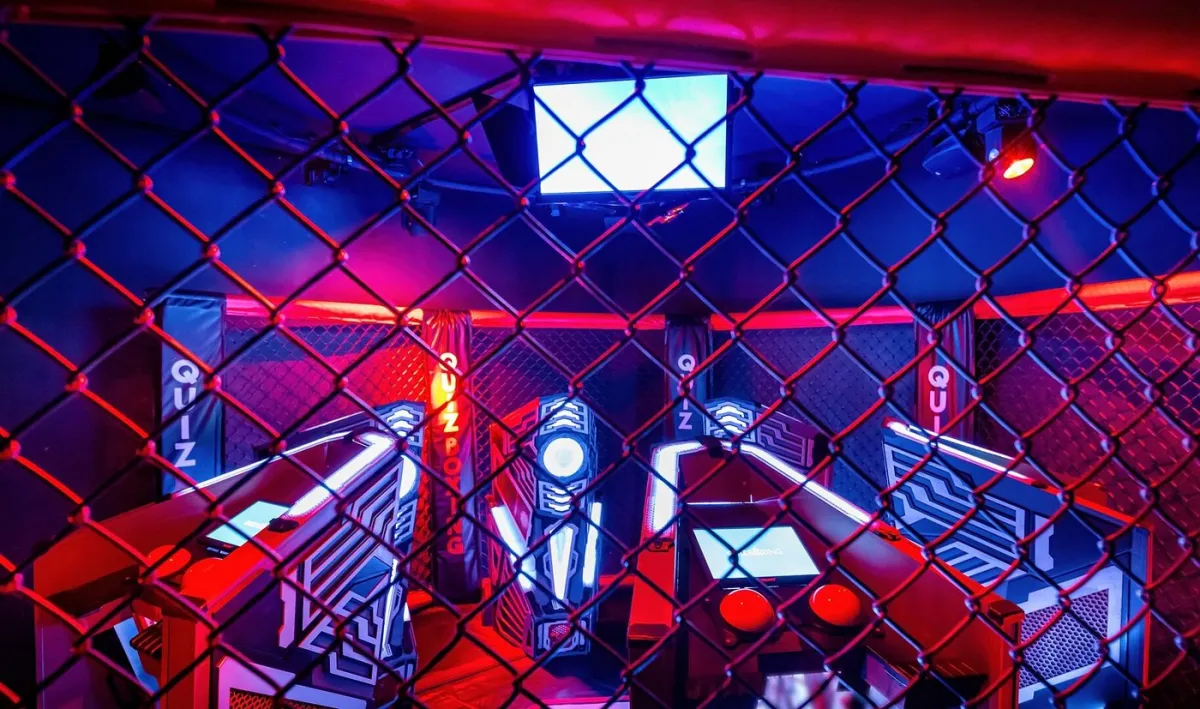 Futuristic quiz game setup with neon lights