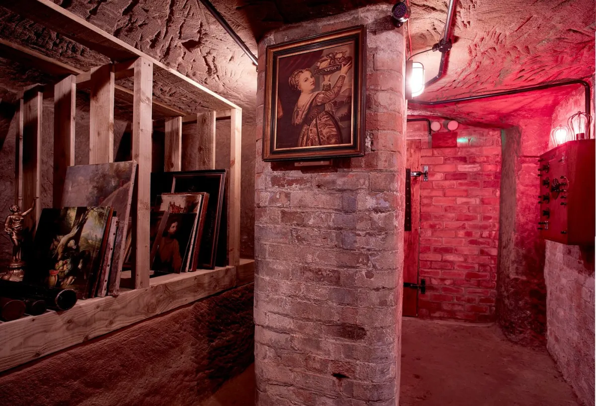 Underground room with paintings and red lighting.