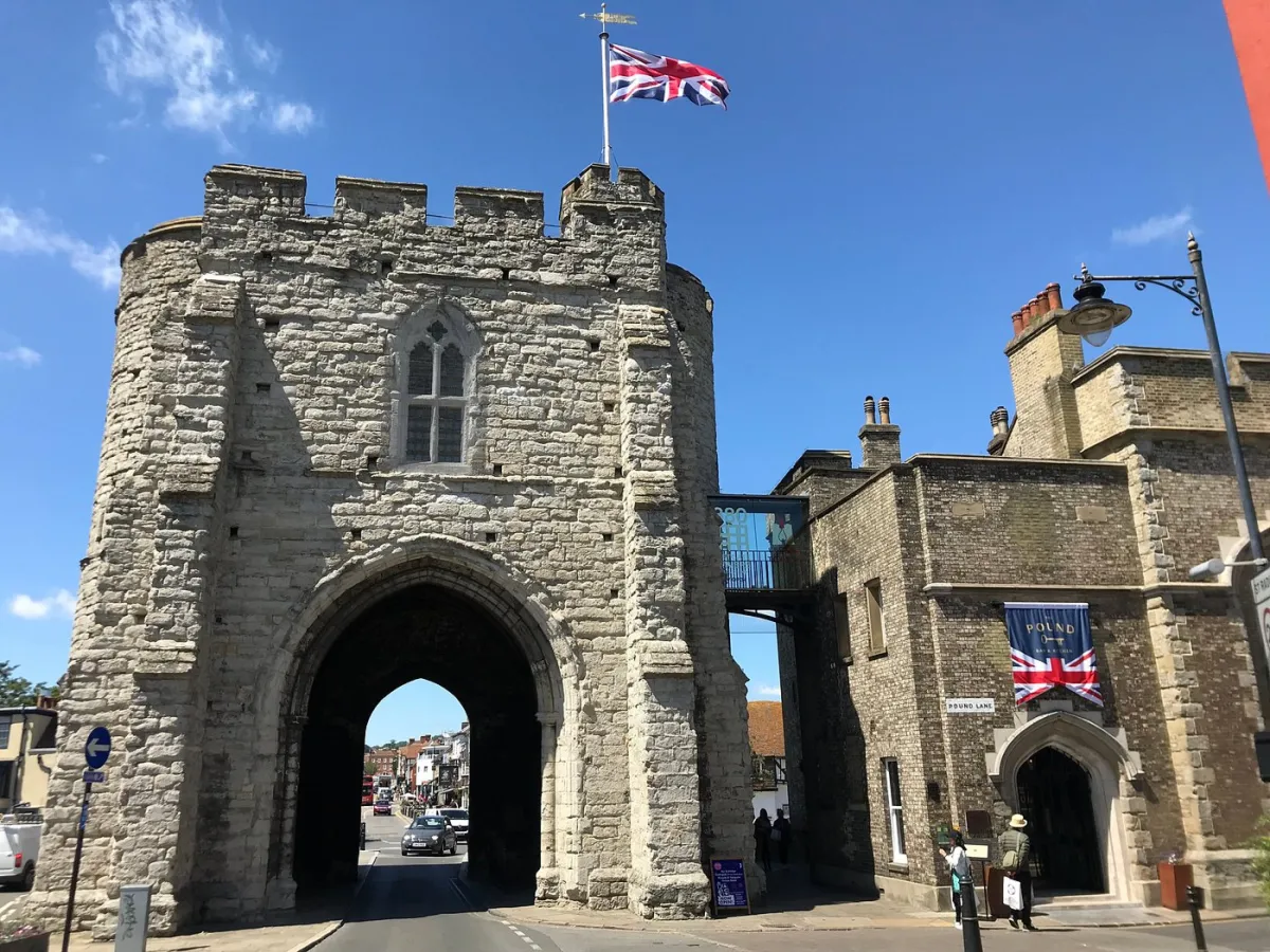 Stone gatehouse with Union Jack flag