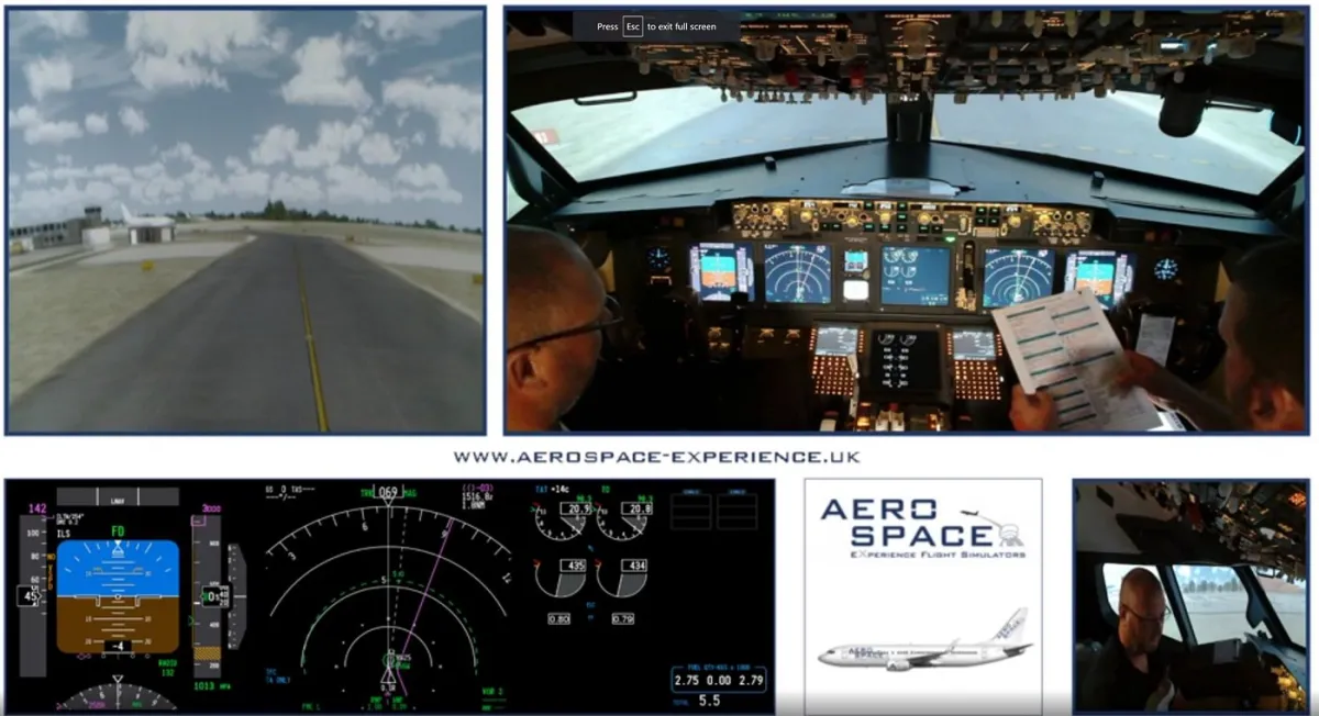 Flight simulator cockpit with pilots and instrument panels.
