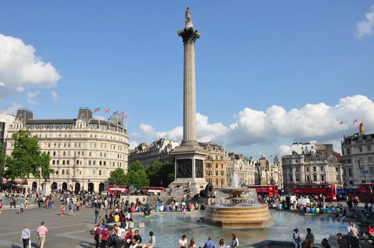 Trafalgar Square with Nelson's Column and fountain