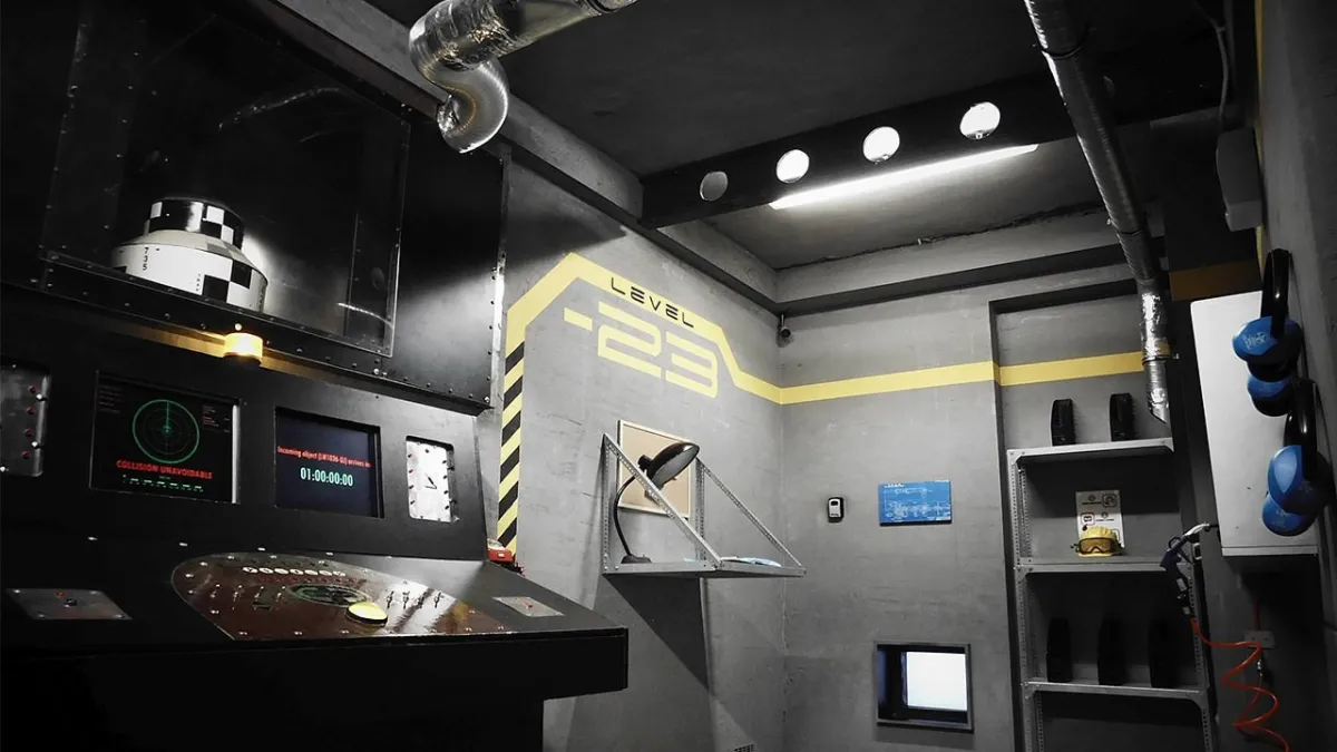 Control room with futuristic equipment and displays