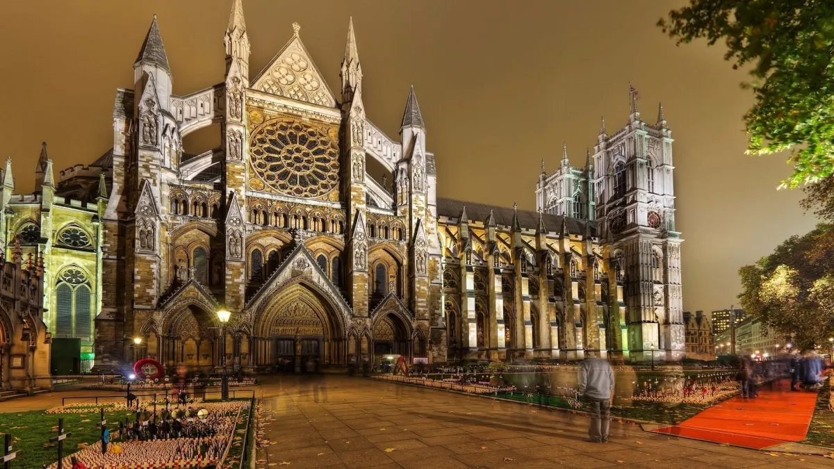 Illuminated Gothic cathedral at night