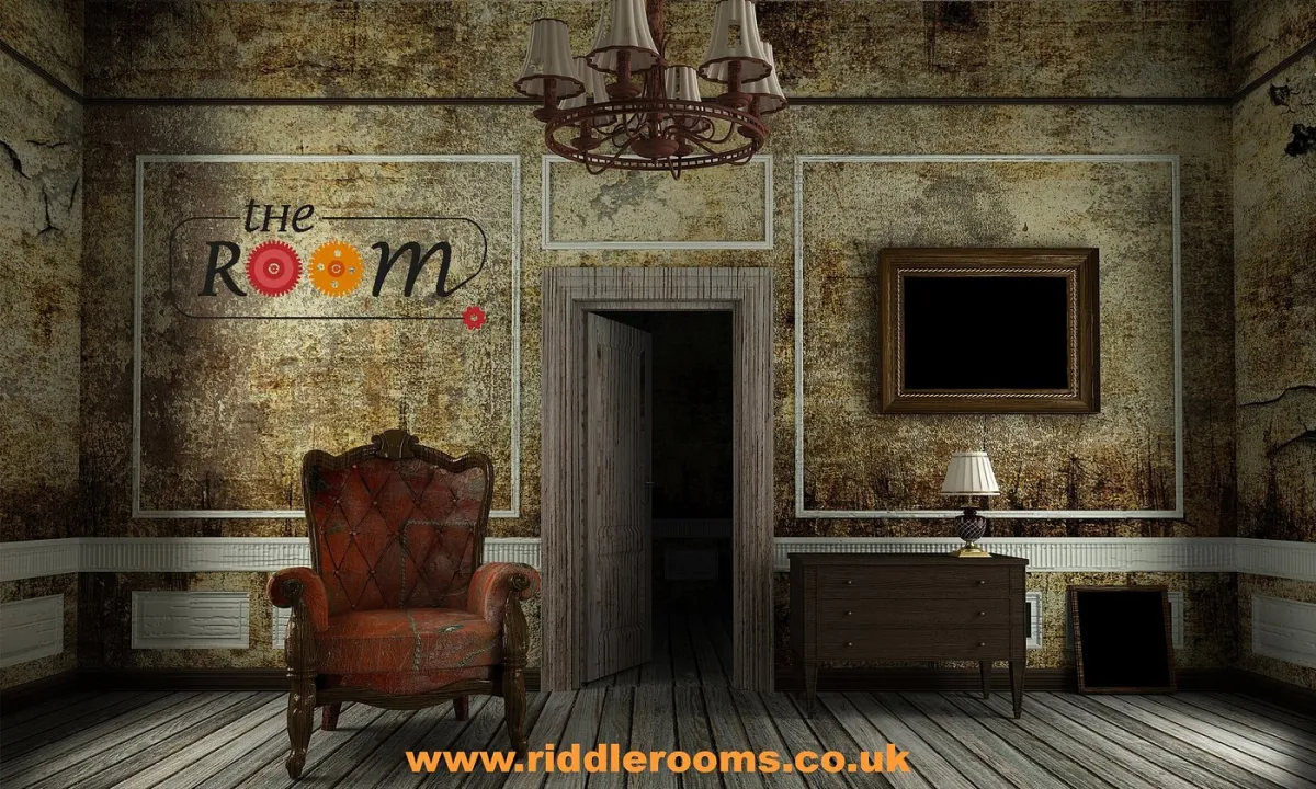 Vintage room with armchair and open door