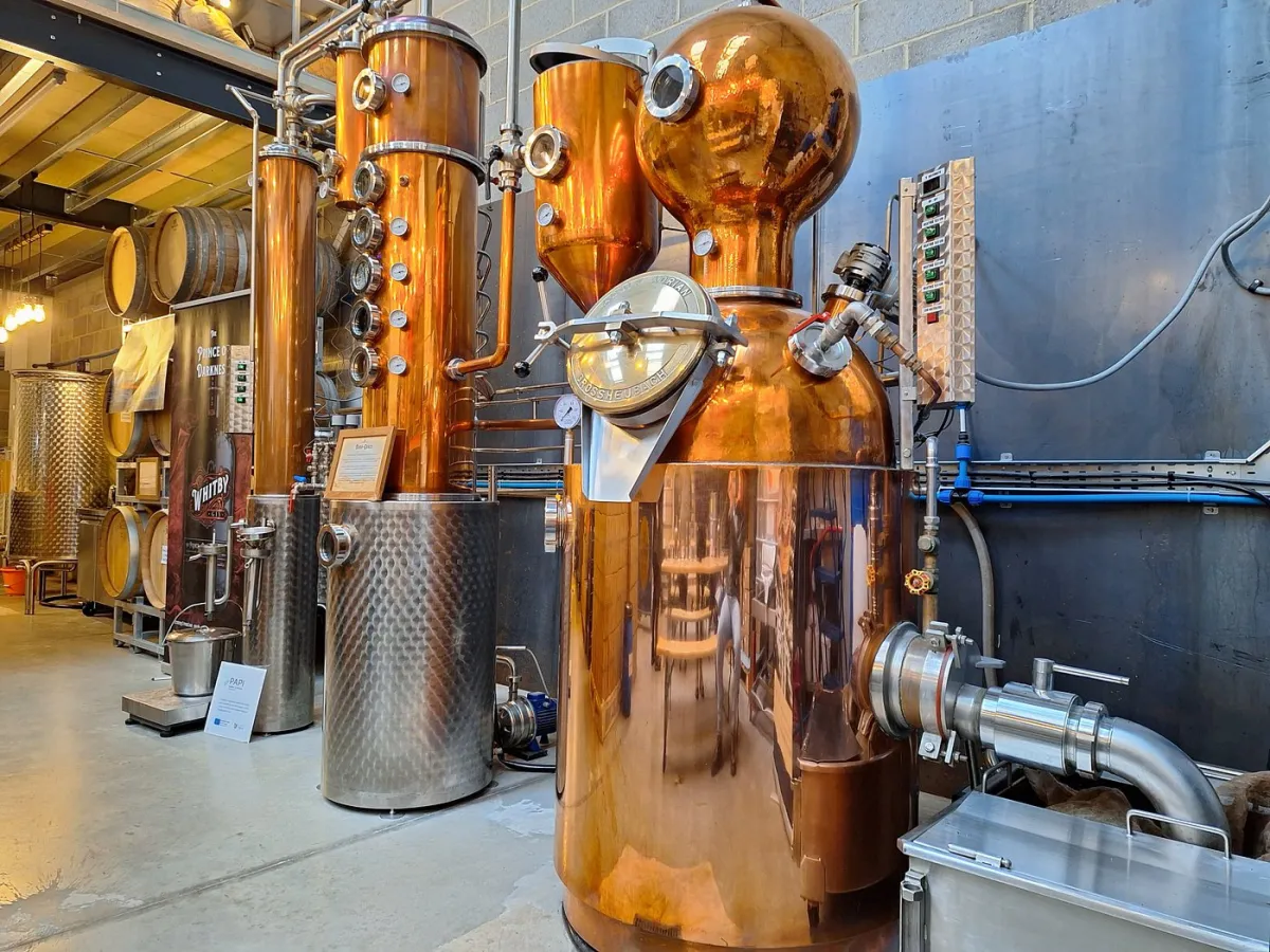 Copper distillation equipment in a distillery.