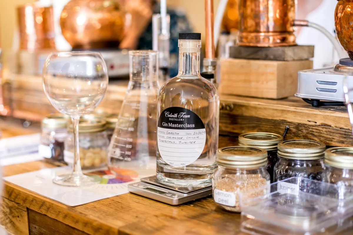 Gin bottle and ingredients on a wooden counter.