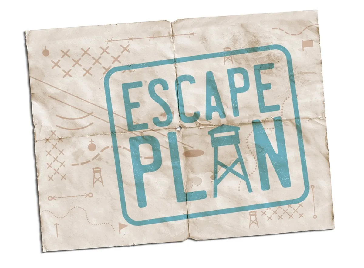 Folded paper with 'Escape Plan' text and map symbols
