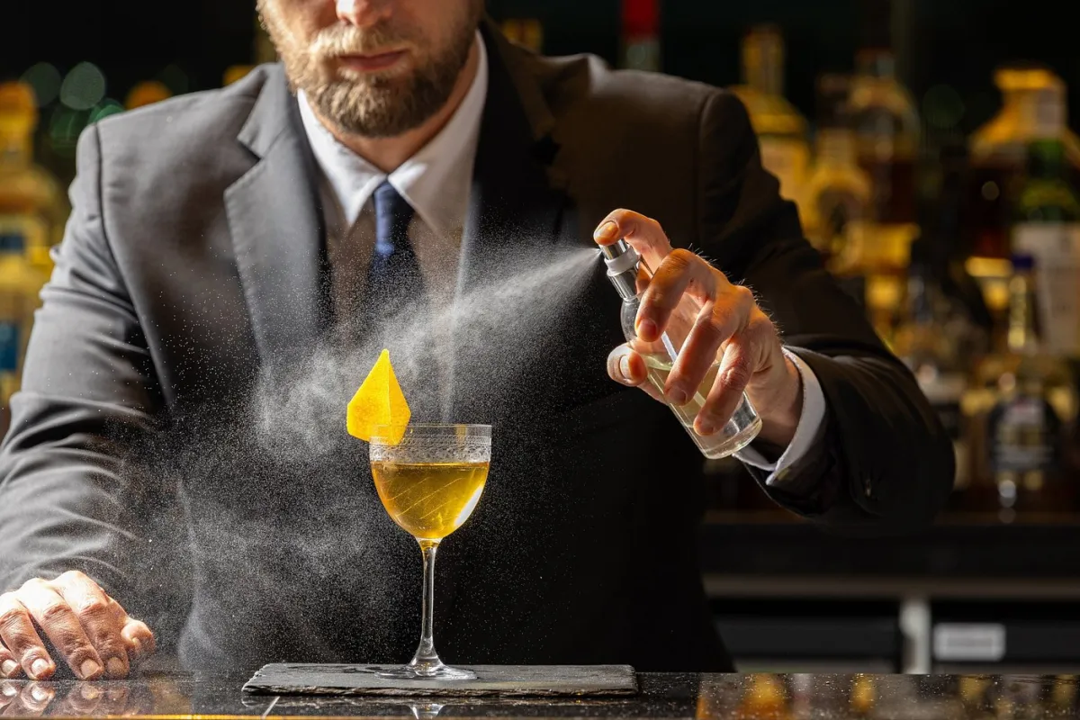 Bartender spraying cocktail with garnish