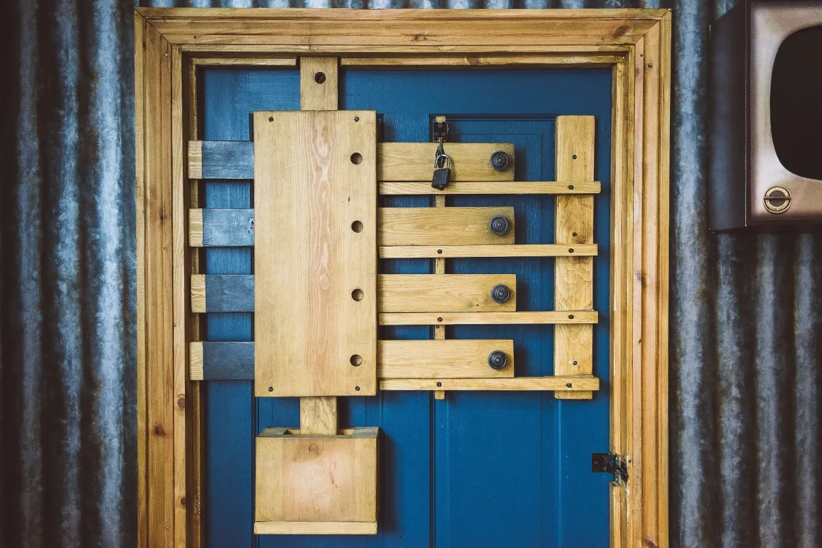 Wooden door with intricate locking mechanism