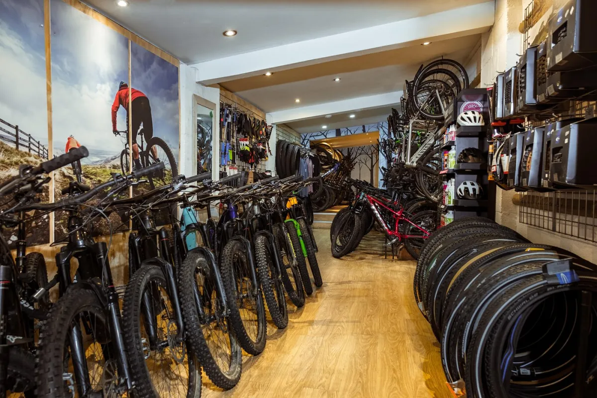 Bicycle shop interior with bikes and accessories.