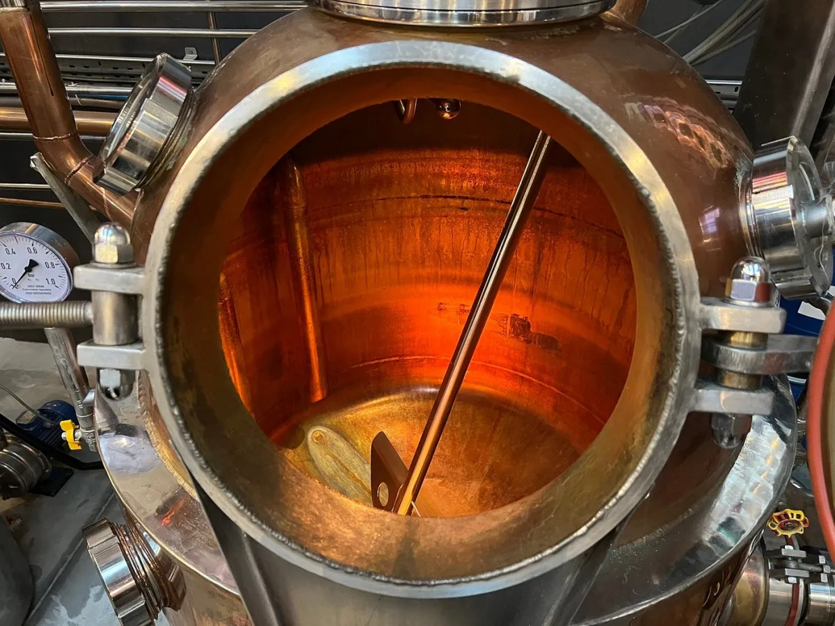 Interior of a copper brewing tank