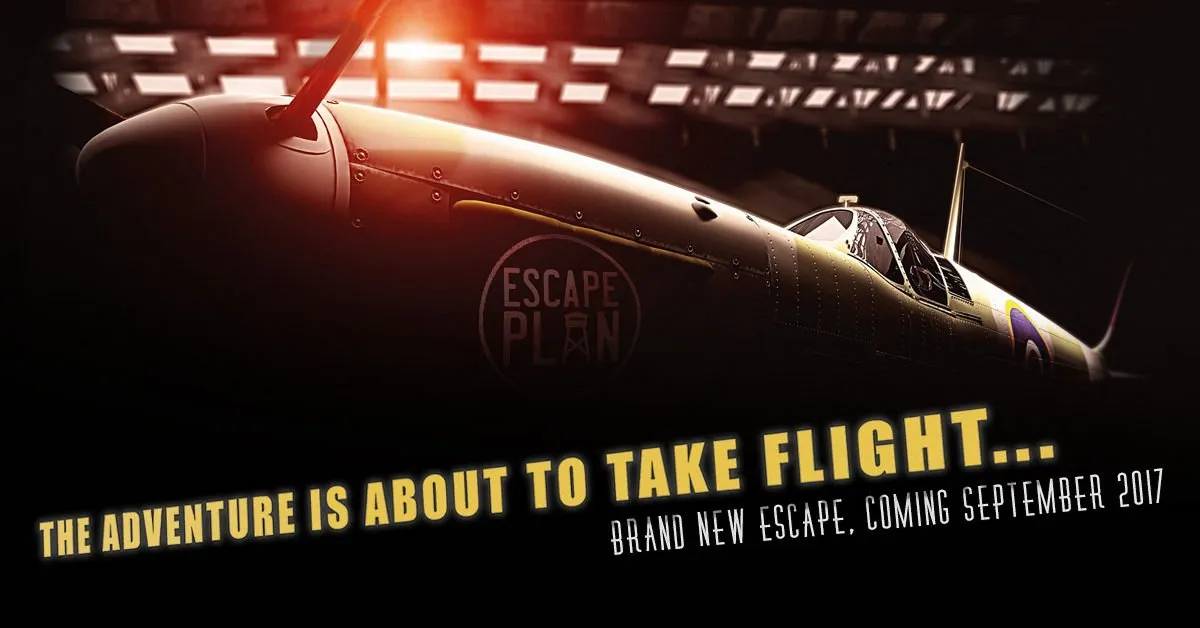Vintage airplane in a hangar with text overlay.