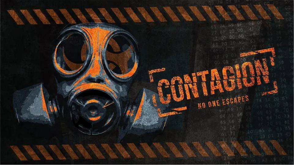 Gas mask with text 'Contagion, No One Escapes'.