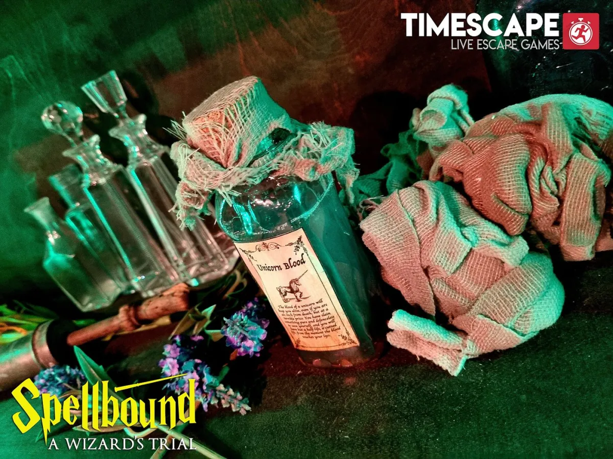 Potion bottle labeled 'Unicorn Blood' with mystical decor.